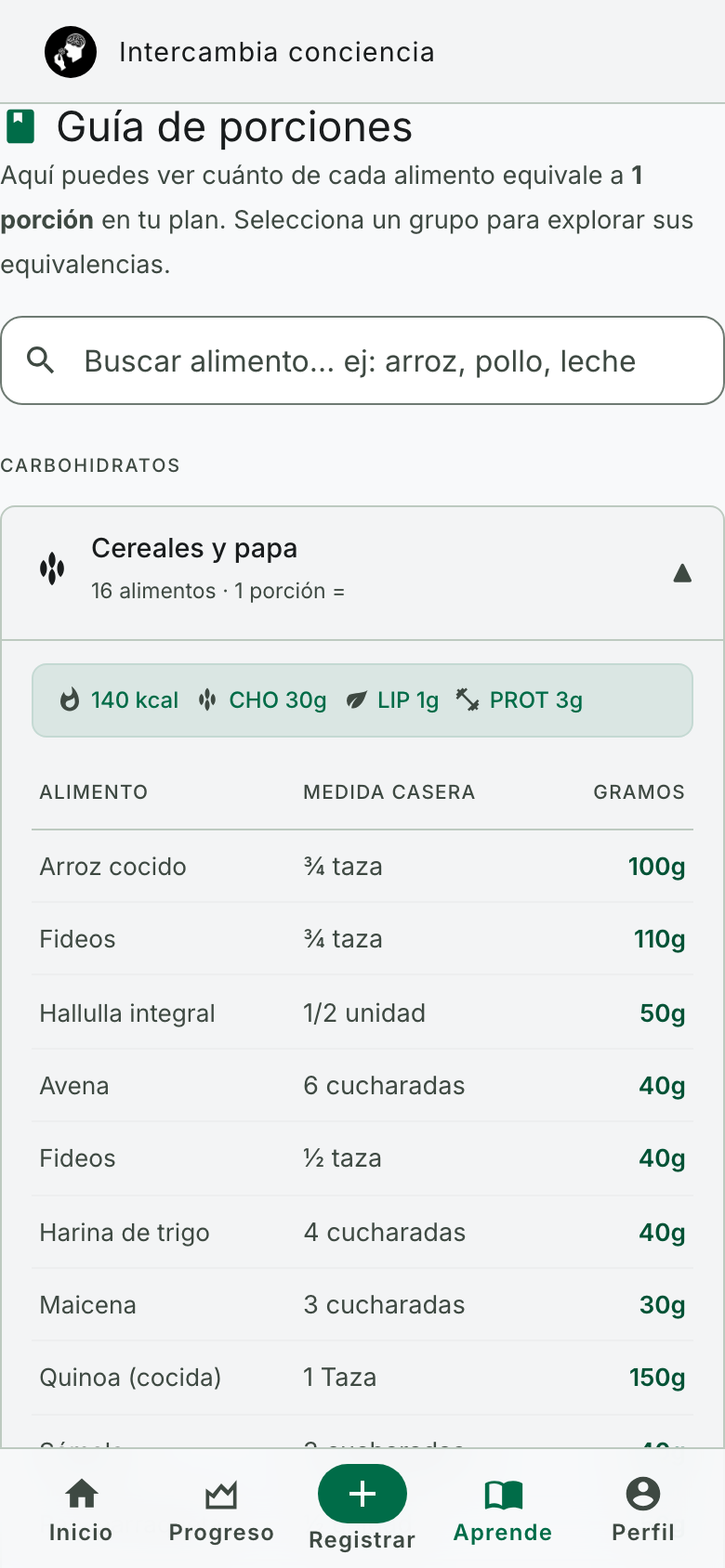 Guía de porciones de la app: equivalencias de cereales y papa en medida casera y gramos