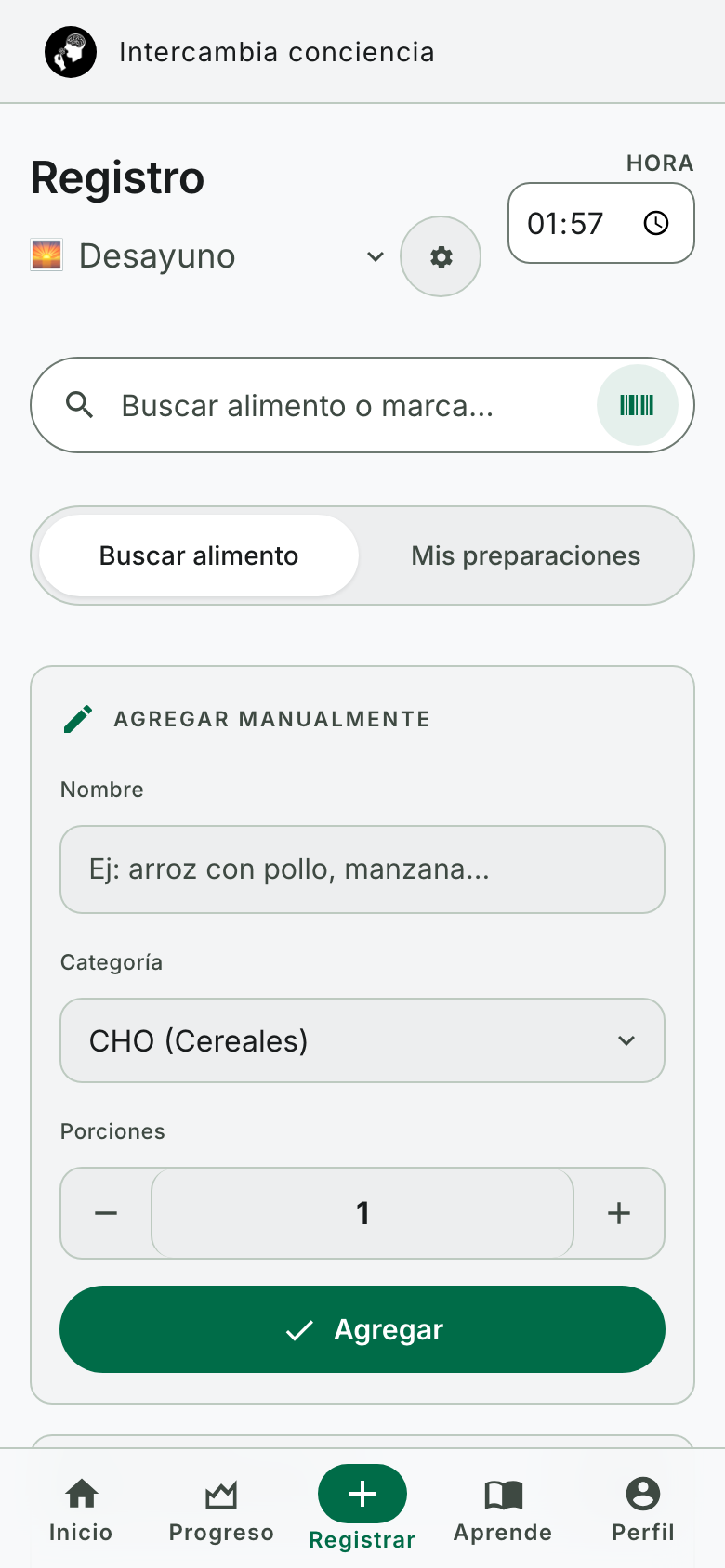 Pantalla de registro de la app: buscador de alimentos y selector de porciones